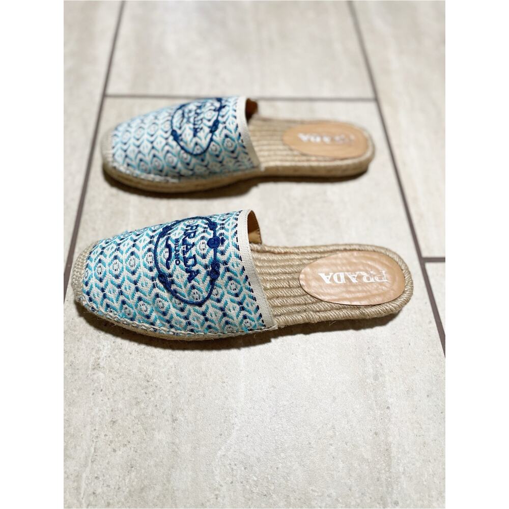 PRADA Nastro Jacquard Embroidered Logo Espadrille Mules Slip On Flats Sz 39 / 9 - Picture 4 of 10